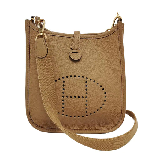 HERMÈS Evelyne TPM Caramel Color Clemence Leather Evelyne TPM Crossbody Shoulder Bag Handbag with Gold Hardware Z Mark Removable Shoulder Strap Full Set of Accessories Included-(SKU)-947423058