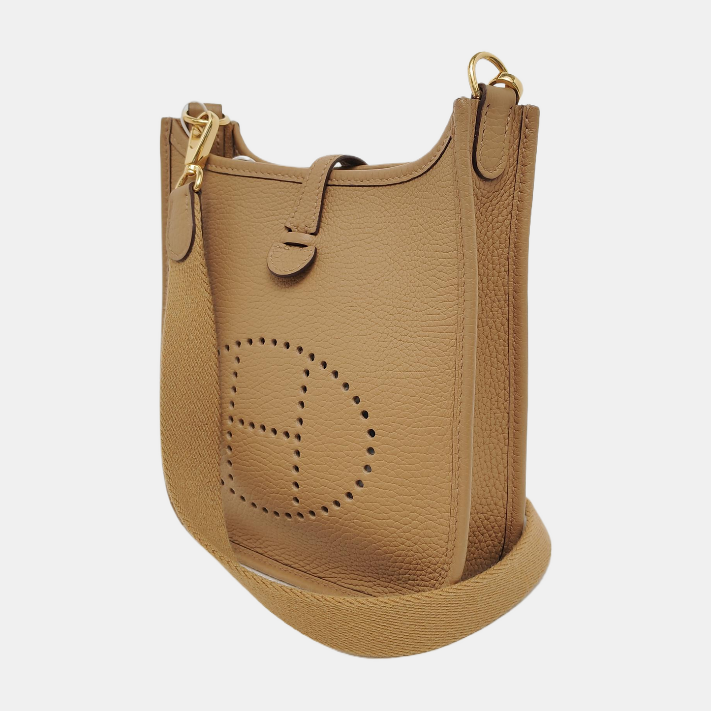 HERMÈS Evelyne TPM Caramel Color Clemence Leather Evelyne TPM Crossbody Shoulder Bag Handbag with Gold Hardware Z Mark Removable Shoulder Strap Full Set of Accessories Included-(SKU)-947423058