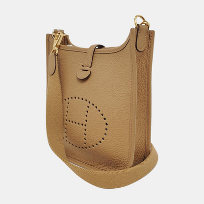 HERMÈS Evelyne TPM Caramel Color Clemence Leather Evelyne TPM Crossbody Shoulder Bag Handbag with Gold Hardware Z Mark Removable Shoulder Strap Full Set of Accessories Included-(SKU)-947423058