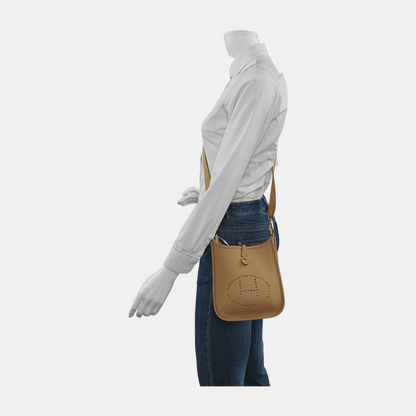 HERMÈS Evelyne TPM Caramel Color Clemence Leather Evelyne TPM Crossbody Shoulder Bag Handbag with Gold Hardware Z Mark Removable Shoulder Strap Full Set of Accessories Included-(SKU)-947423058