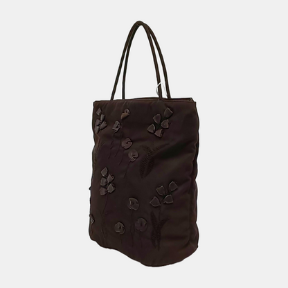 PRADA Tote bag Dark Brown Nylon Patchwork Embroidered Tote Bag Black hardware-(SKU)-947397515