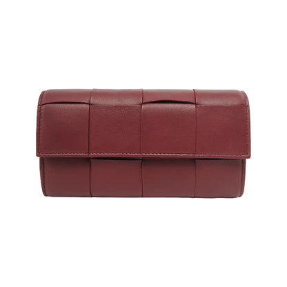 BOTTEGA VENETA IntrecciatoBurgundy Calfskin Leather Wallet-(SKU)-947453286