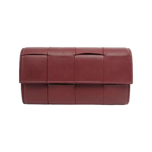 BOTTEGA VENETA IntrecciatoBurgundy Calfskin Leather Wallet-(SKU)-947453286