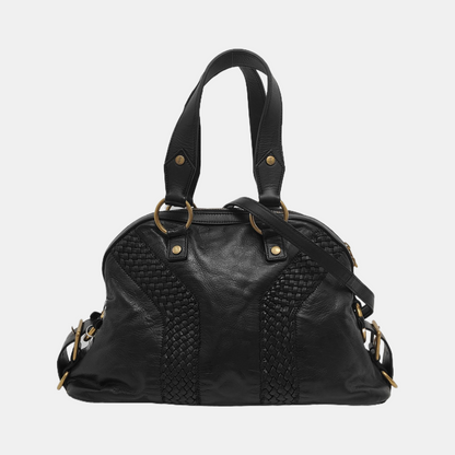 YSL MUSE Black Leather Studs Braided Handbag Shoulder Bag Golden hardware Removable shoulder strap-(SKU)-947588322