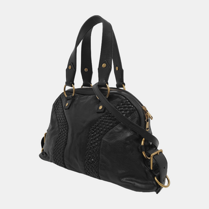 YSL MUSE Black Leather Studs Braided Handbag Shoulder Bag Golden hardware Removable shoulder strap-(SKU)-947588322