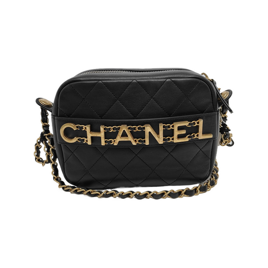 CHANEL LOGO ENCHAINED FLAP Black Leather Quilted Shoulder Bag Tote Bag Crossbody Golden Hardware 29cm Complete Accessories-(SKU)-947761460