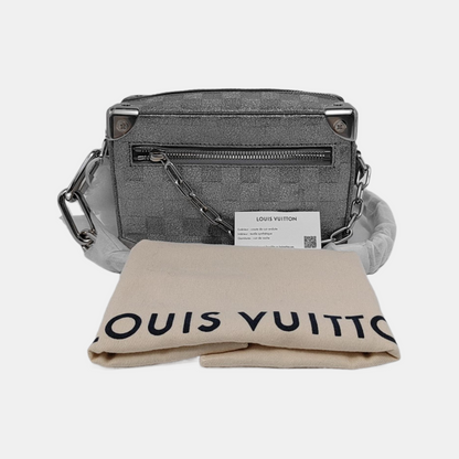 LOUIS VUITTON SOFT TRUNK Mini Silver Coated Canvas Chessboard Shoulder Bag, Handle Bag, Crossbody with Silver Hardware-(SKU)-947830801