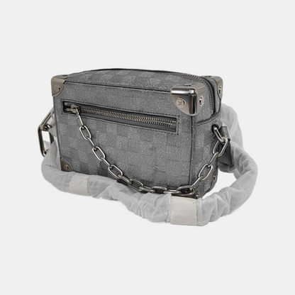 LOUIS VUITTON SOFT TRUNK Mini Silver Coated Canvas Chessboard Shoulder Bag, Handle Bag, Crossbody with Silver Hardware-(SKU)-947830801