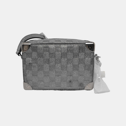 LOUIS VUITTON SOFT TRUNK Mini Silver Coated Canvas Chessboard Shoulder Bag, Handle Bag, Crossbody with Silver Hardware-(SKU)-947830801