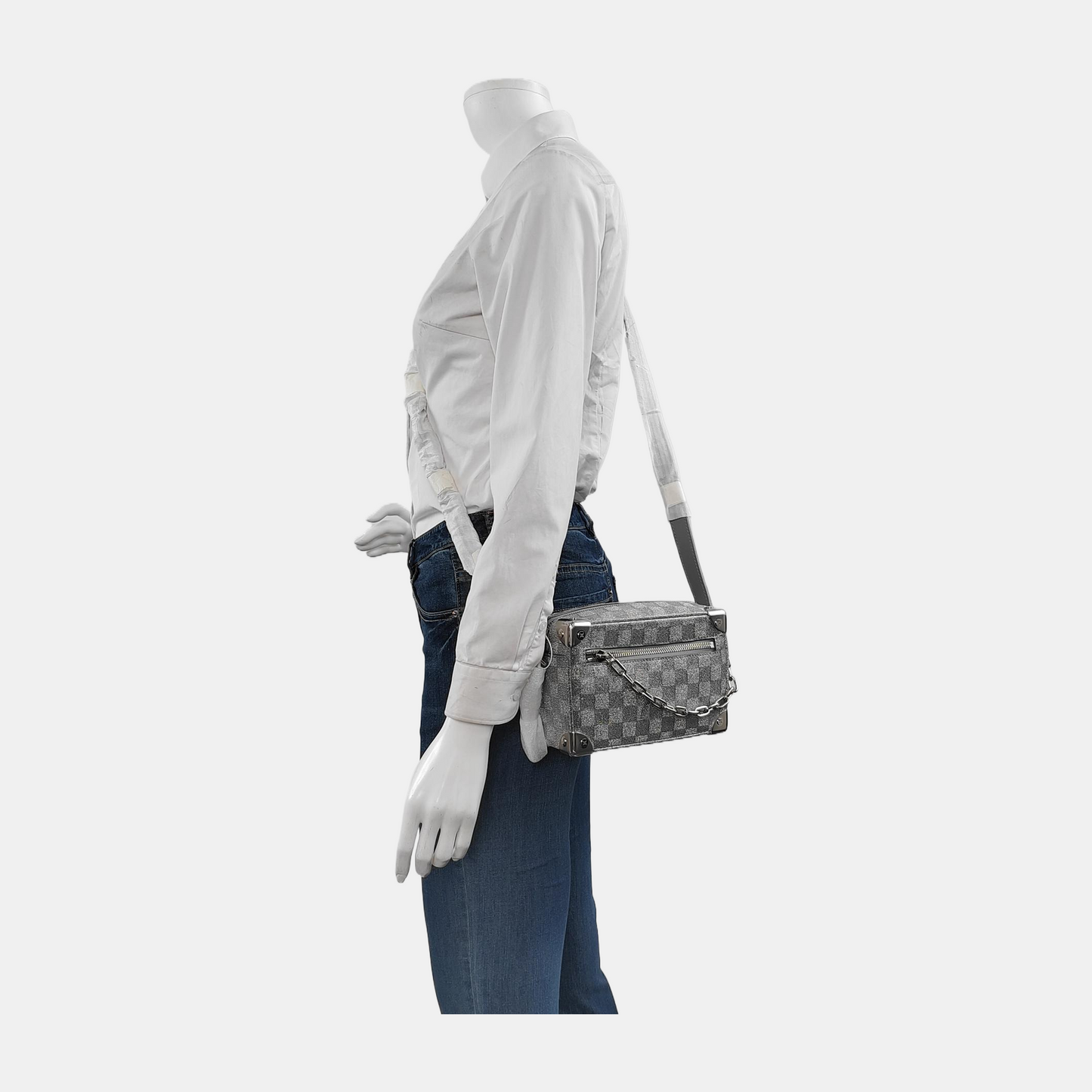 LOUIS VUITTON SOFT TRUNK Mini Silver Coated Canvas Chessboard Shoulder Bag, Handle Bag, Crossbody with Silver Hardware-(SKU)-947830801