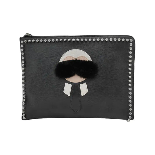 FENDI Karlito Black Leather Studs Handbag Silver Hardware-(SKU)-947968745