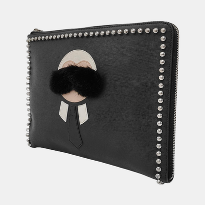 FENDI Karlito Black Leather Studs Handbag Silver Hardware-(SKU)-947968745