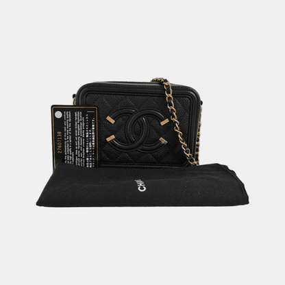 CHANEL FILIGREE black leather quilted diamond pattern crossbody bag shoulder bag gold hardware 27 opening-(SKU)-947863441