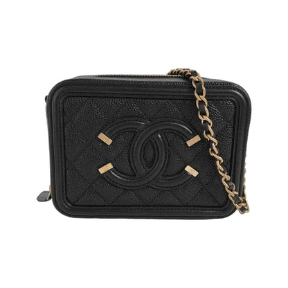 CHANEL FILIGREE black leather quilted diamond pattern crossbody bag shoulder bag gold hardware 27 opening-(SKU)-947863441