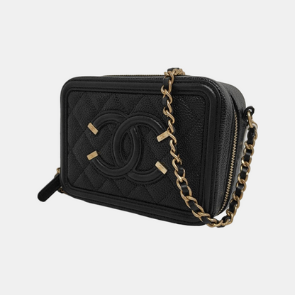 CHANEL FILIGREE black leather quilted diamond pattern crossbody bag shoulder bag gold hardware 27 opening-(SKU)-947863441