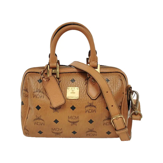MCM ESSENTIAL Cognac Coated Canvas Monogram Print Boston Bag Single Shoulder Bag Handbag Crossbody Bag Golden hardware Removable shoulder strap-(SKU)-942033097