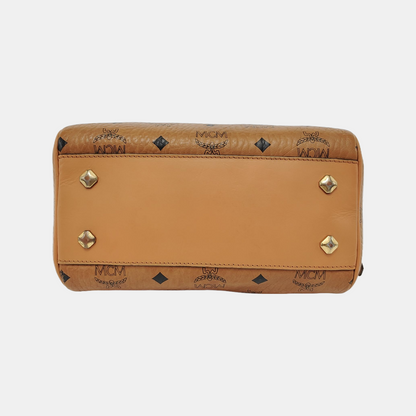MCM ESSENTIAL Cognac Coated Canvas Monogram Print Boston Bag Single Shoulder Bag Handbag Crossbody Bag Golden hardware Removable shoulder strap-(SKU)-942033097