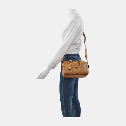 MCM ESSENTIAL Cognac Coated Canvas Monogram Print Boston Bag Single Shoulder Bag Handbag Crossbody Bag Golden hardware Removable shoulder strap-(SKU)-942033097