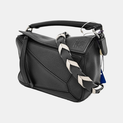 LOEWE Puzzle Mini Black Calf Leather Geometric Crossbody Shoulder Bag Tote Bag-(SKU)-948018688