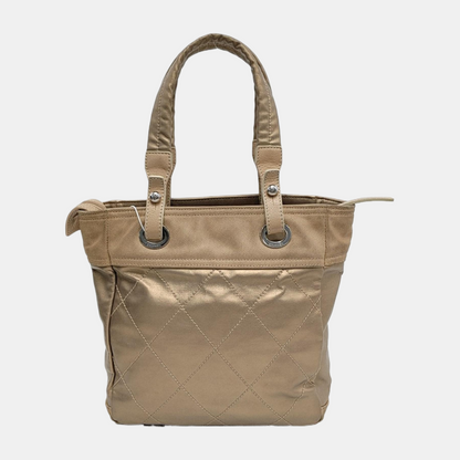CHANEL Tote bag Champagne Coated Canvas Monogrammed Quilted Handbag Silver Hardware 11nan-(SKU)-948373759