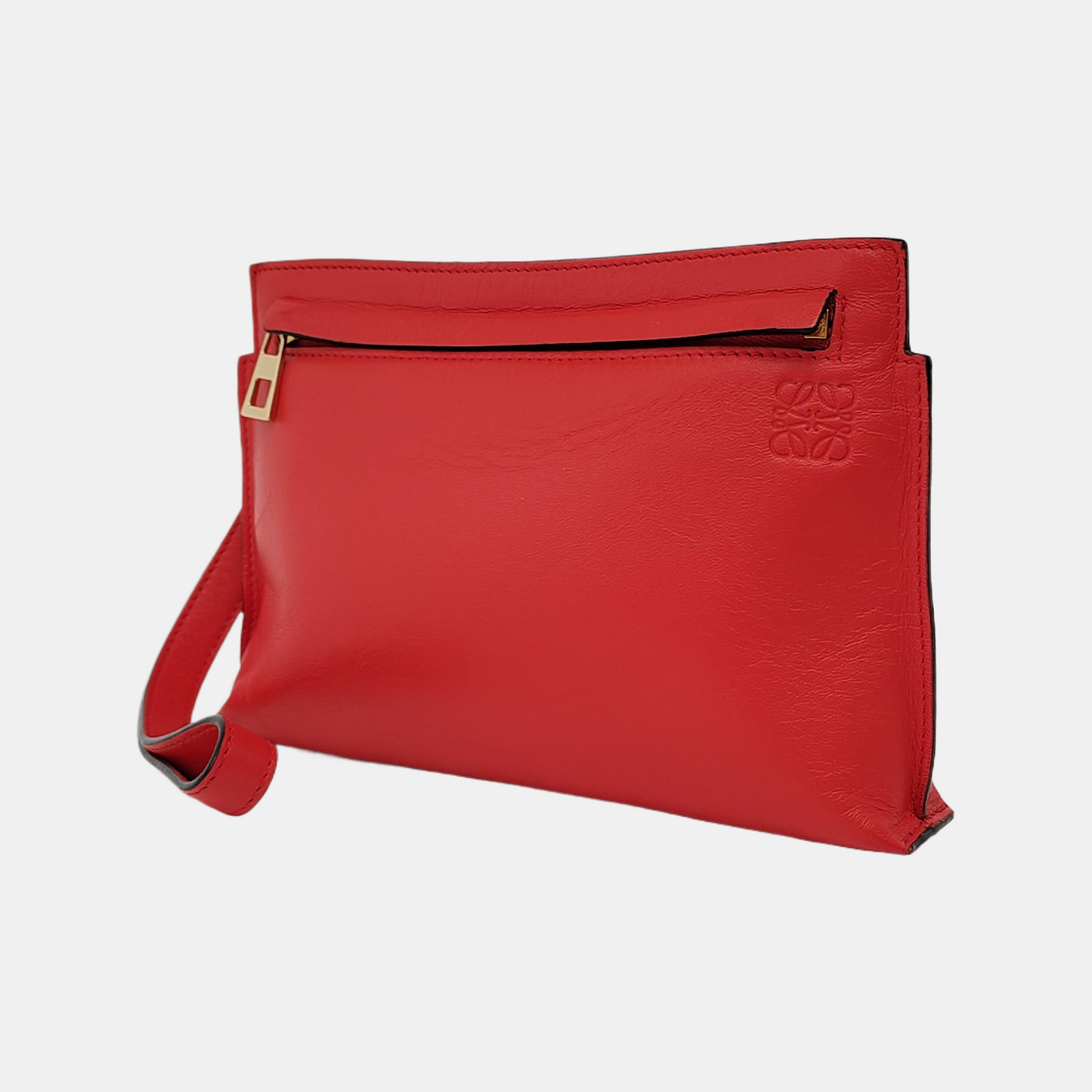 LOEWE T Pouch  Red Leather Clutch Golden hardware-(SKU)-948509220