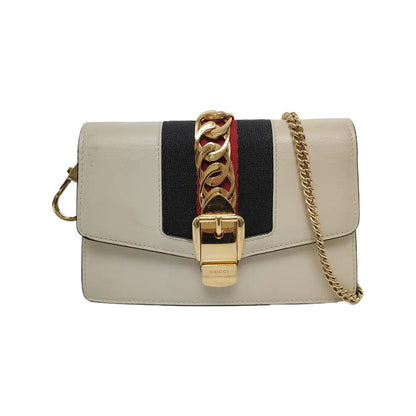 GUCCI Sylvie Super mini White Cowhide Stripe Strap Serbia Single Shoulder Bag Tote Golden hardware Removable shoulder strap-(SKU)-948580042