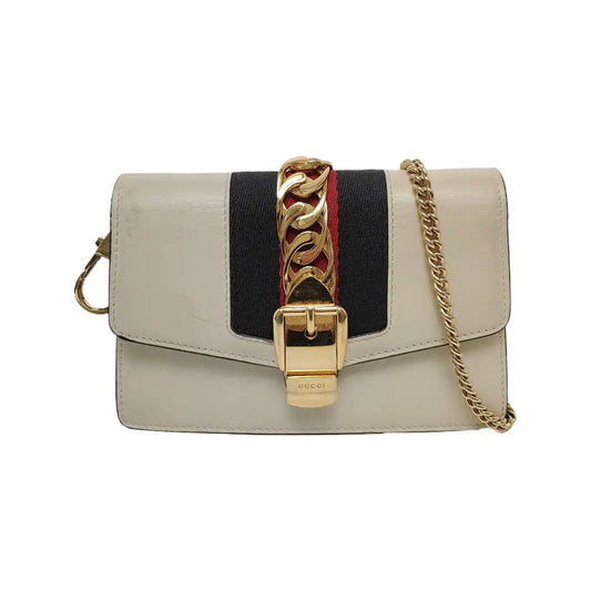 GUCCI Sylvie Super mini White Cowhide Stripe Strap Serbia Single Shoulder Bag Tote Golden hardware Removable shoulder strap-(SKU)-948580042