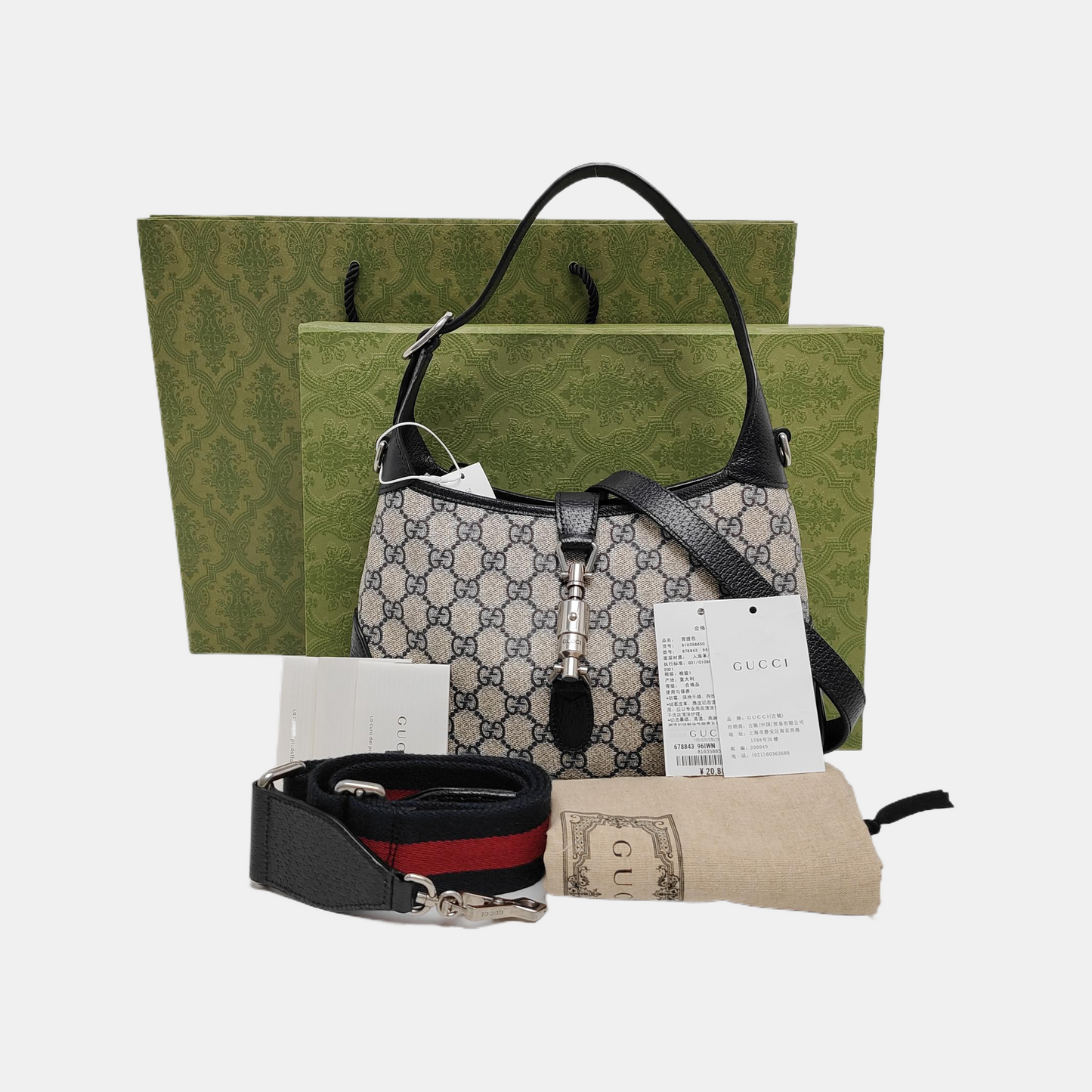 GUCCI Jackie 1961 Small Blue Coated Canvas Monogram Single Shoulder Bag Crossbody Bag with Detachable Strap and Accessories-(SKU)-944653565