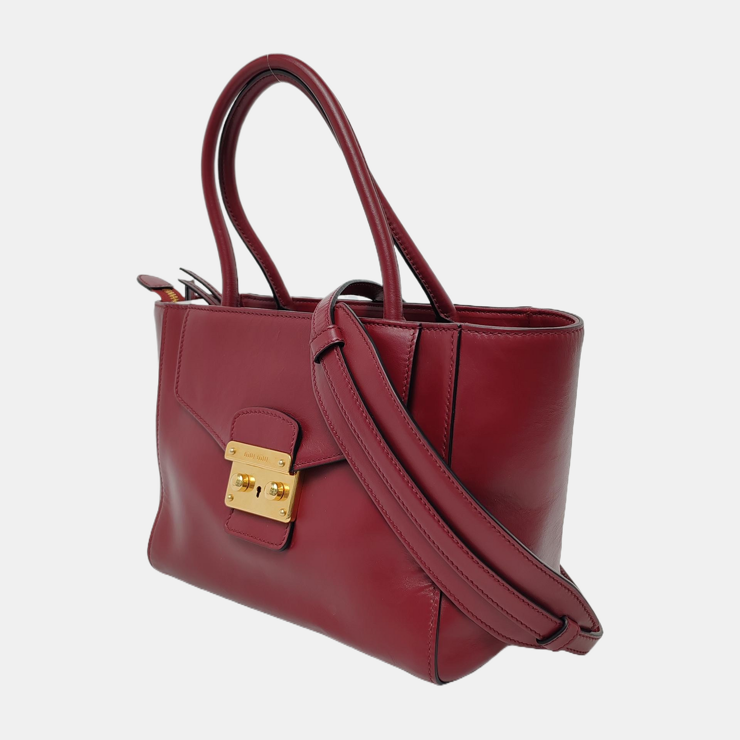 Miu Miu Burgundy leather handbag, single shoulder bag Golden hardware Removable shoulder strap-(SKU)-949081414