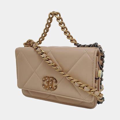 CHANEL CHANEL 19 WOC Beige Lamb Skin Quilted Stitched Crossbody Shoulder Bag Handbag Tote Bag Golden Silver Rhodium Hardware 31 Clasp-(SKU)-949178375