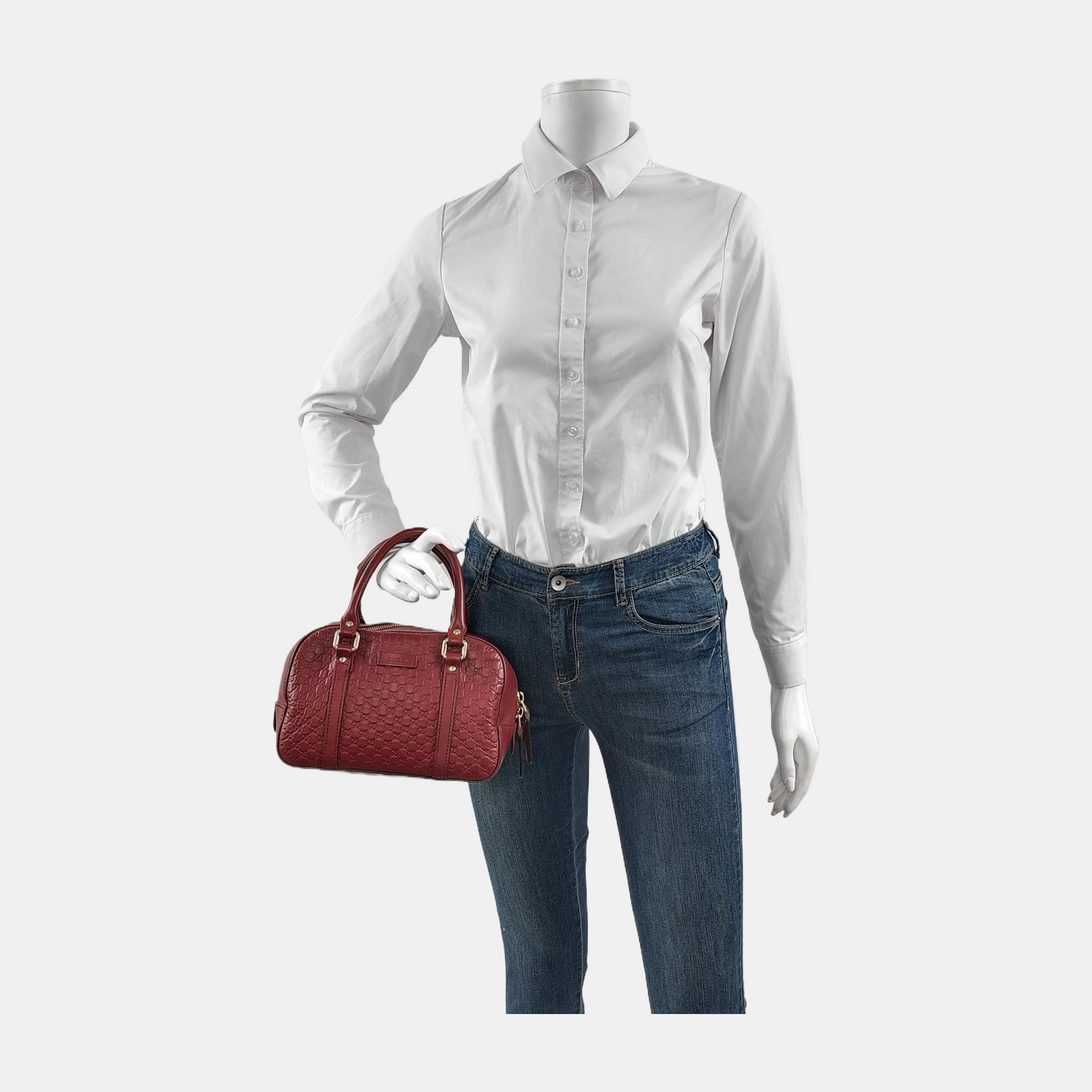 GUCCI Ligne Shima Red Calfskin Monogram Embossed Handbag Single Shoulder Bag Crossbody Bag Golden Silver Hardware-(SKU)-949440048