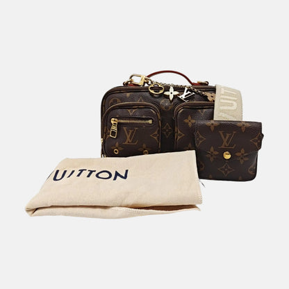 LOUIS VUITTON UTILITY Brown Coated Canvas Monogram Camera Bag Shoulder Bag Tote Bag Gold Hardware Removable Strap-(SKU)-950345496