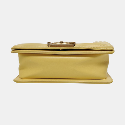 CHANEL BOY CHANEL Small Size Yellow Calfskin Quilted Diagonal Bag, Shoulder Bag with Detachable Strap, Golden Hardware, 27 Clasps-(SKU)-950300826