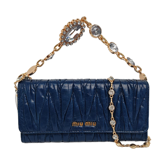 Miu Miu Dark Blue Sheepskin Stitched Wallet Golden hardware-(SKU)-950467224