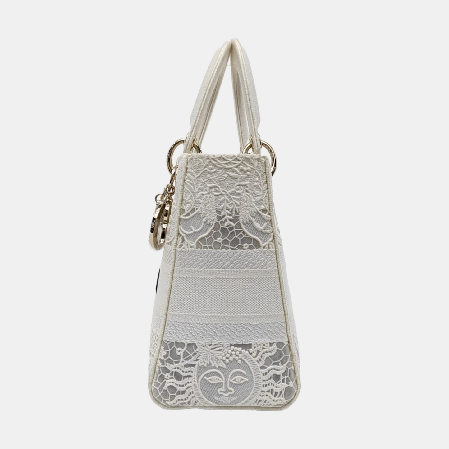 DIOR Lady D-Lite Medium Size White Canvas Embroidered Cutout Crossbody Shoulder Bag with Gold Hardware Removable Shoulder Strap-(SKU)-950358894
