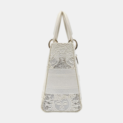 DIOR Lady D-Lite Medium Size White Canvas Embroidered Cutout Crossbody Shoulder Bag with Gold Hardware Removable Shoulder Strap-(SKU)-950358894