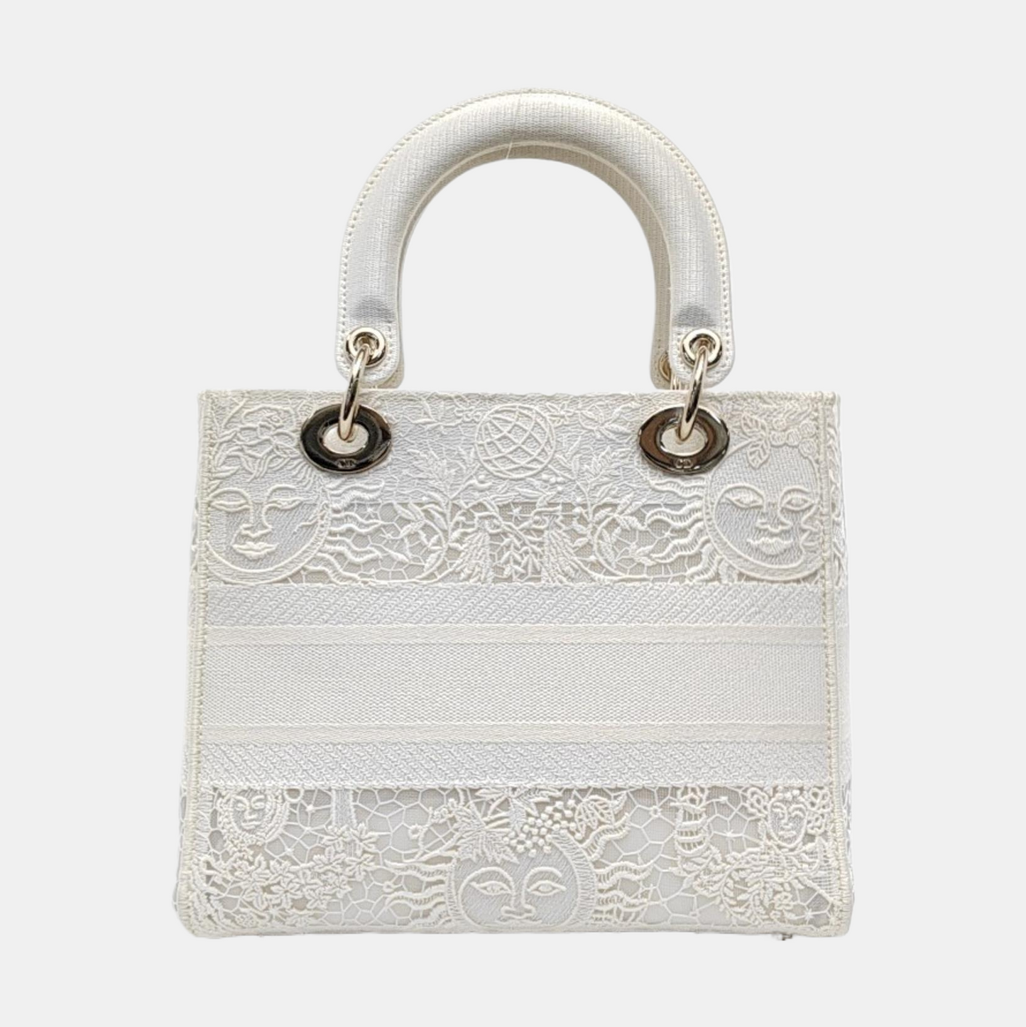 DIOR Lady D-Lite Medium Size White Canvas Embroidered Cutout Crossbody Shoulder Bag with Gold Hardware Removable Shoulder Strap-(SKU)-950358894