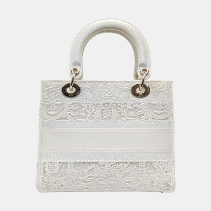 DIOR Lady D-Lite Medium Size White Canvas Embroidered Cutout Crossbody Shoulder Bag with Gold Hardware Removable Shoulder Strap-(SKU)-950358894