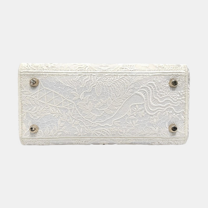 DIOR Lady D-Lite Medium Size White Canvas Embroidered Cutout Crossbody Shoulder Bag with Gold Hardware Removable Shoulder Strap-(SKU)-950358894