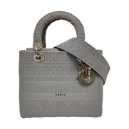 DIOR Lady D-Lite Medium Gray Canvas Monogram Embroidery Tote Shoulder Bag with Detachable Strap-(SKU)-950753841