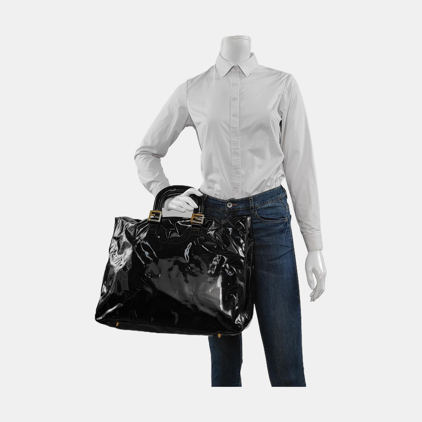 FENDI Tote bag Black漆皮双FHandheld包 Golden Silver Hardware-(SKU)-951092965