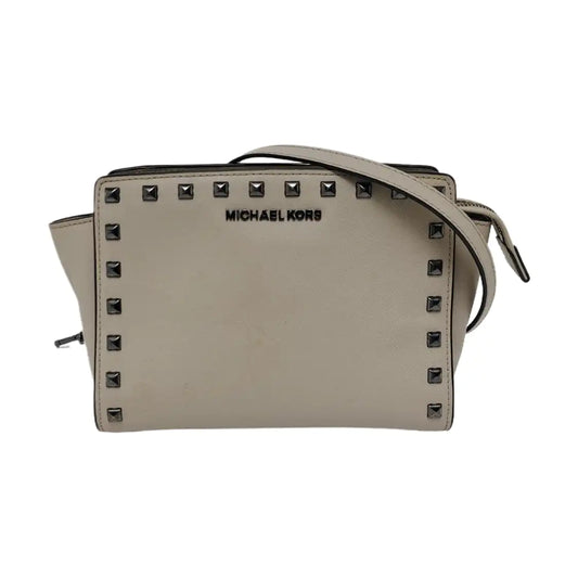MICHAEL KORS Selma Grey Leather Studs Crossbody Bag Single Shoulder Bag Handbag Silver Hardware Removable shoulder strap-(SKU)-951542845