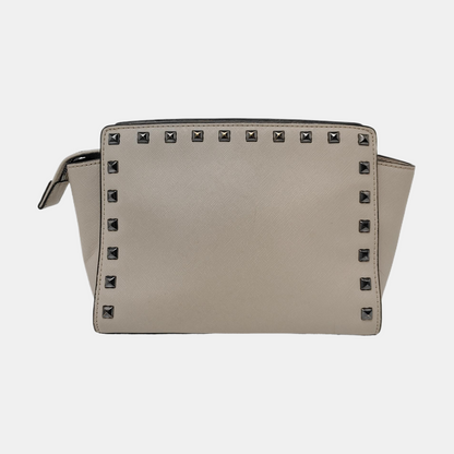 MICHAEL KORS Selma Grey Leather Studs Crossbody Bag Single Shoulder Bag Handbag Silver Hardware Removable shoulder strap-(SKU)-951542845