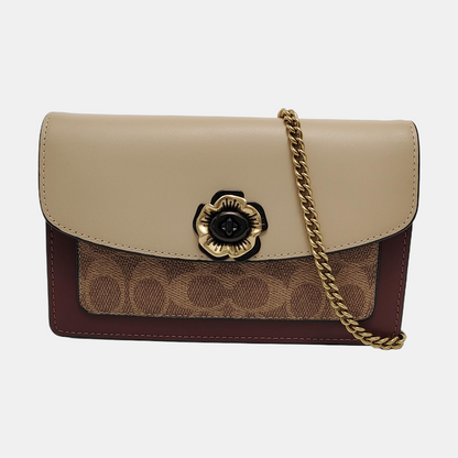 COACH PARKER Khaki leather old flower camellia crossbody bag, single shoulder bag Gold Black Hardware Removable shoulder strap-(SKU)-951589368