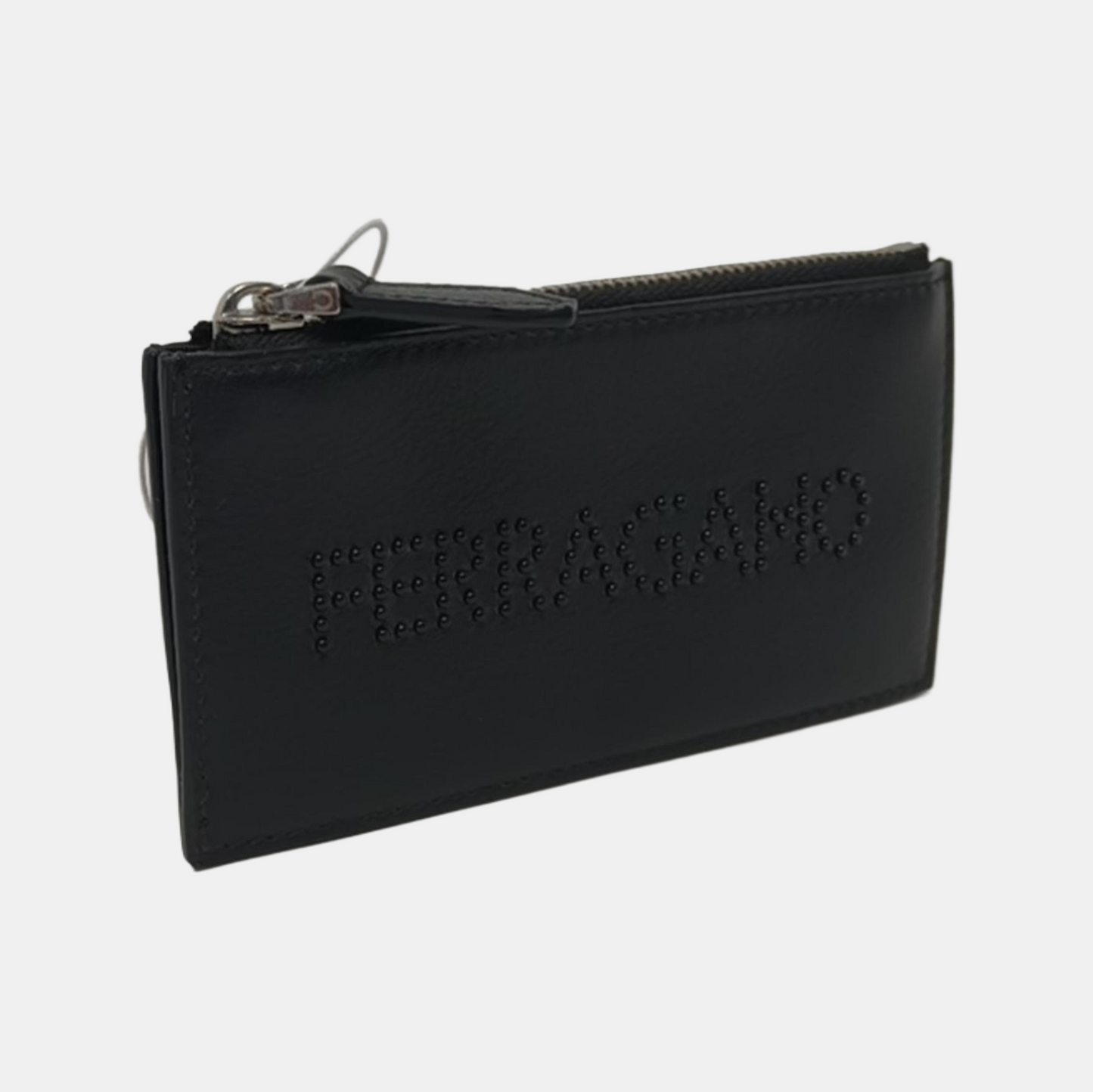 FERRAGAMO Black Cowhide Embossed Card Case Silver Hardware-(SKU)-951564826