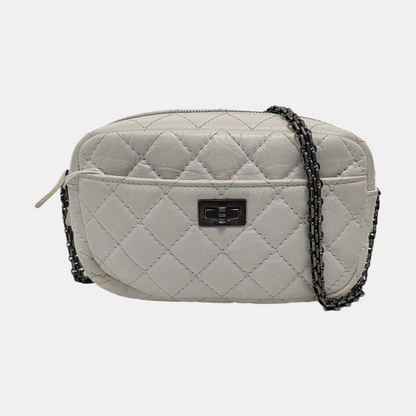 CHANEL 2.55 White Calfskin Quilted Crossbody Shoulder Bag Palladium Hardware 25 Flap-(SKU)-951553361