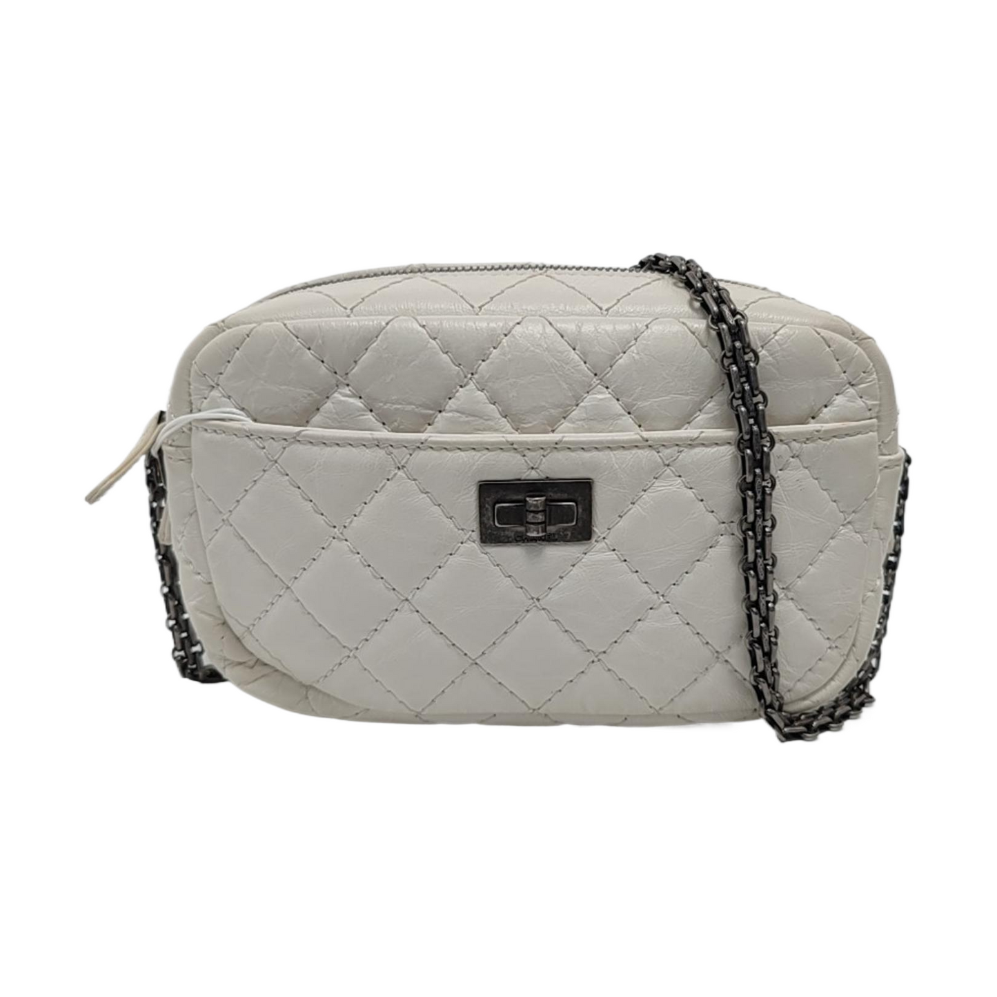 CHANEL 2.55 White Calfskin Quilted Crossbody Shoulder Bag Palladium Hardware 25 Flap-(SKU)-951553361