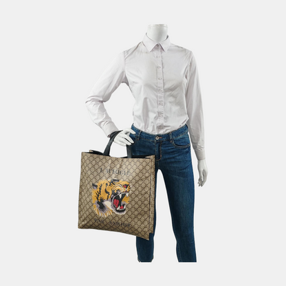 GUCCI Tote bag Brown Coated Canvas Monogrammed Tiger Head Handbag Golden hardware-(SKU)-951669810