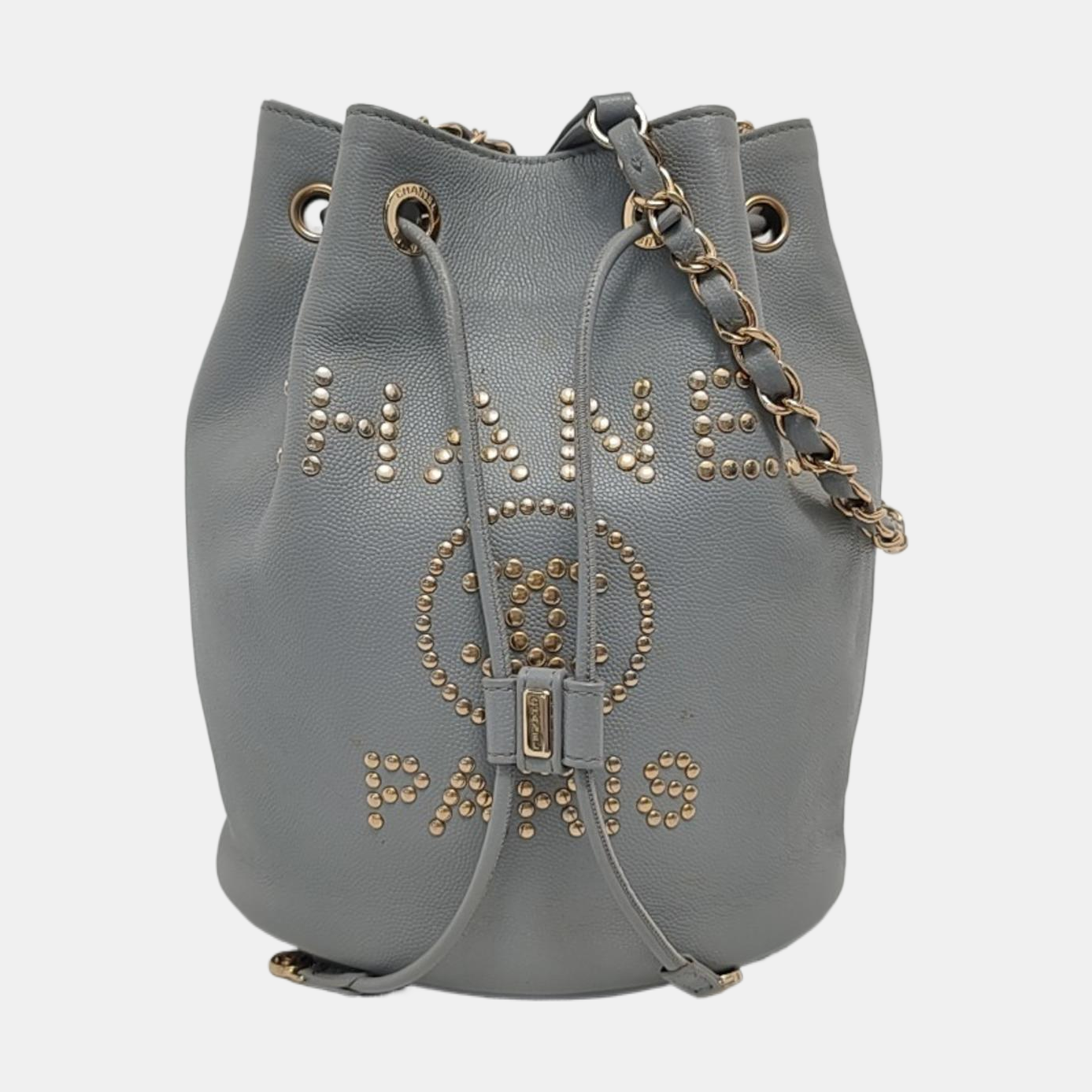 CHANEL DEAUVILLE DRAWSTRING BUCKET Medium Grey Grained Leather Drawstring Bucket Bag Crossbody Bag Single Shoulder Bag Golden Hardware 29cm-(SKU)-951664392