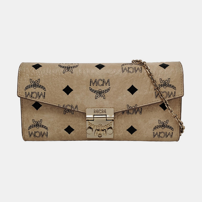 MCM PATRICIA Large size Khaki coated canvas monogram laurel buckle shoulder bag/handbag Golden hardware Removable shoulder strap-(SKU)-951984447